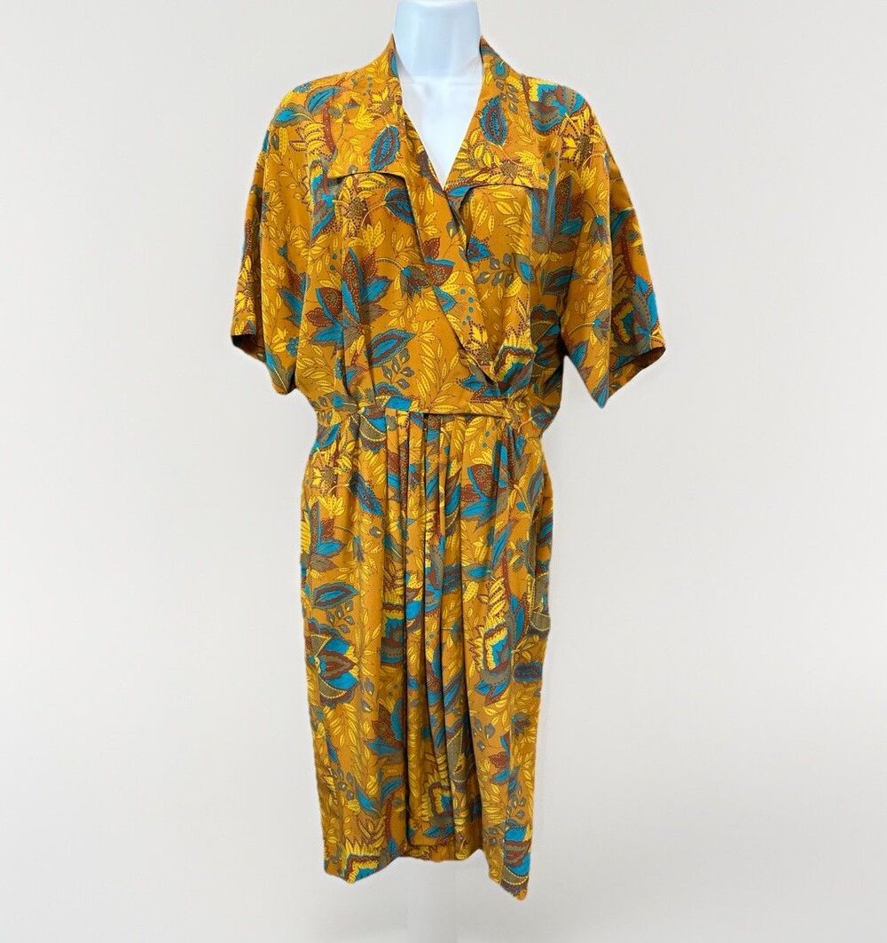 Vtg 90s Gillian 100% Silk Dress Sz 6, 26.5" W, Pockets, Earth Turquoise Paisley